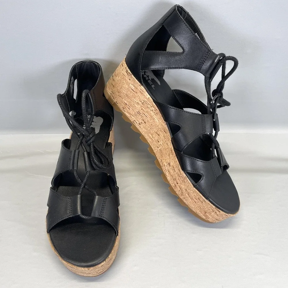 Sorel Cameron Flatform Wedge Sandals Womens Size 9.5 Black Leather Strappy Shoes